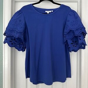 Chico's Tiered Eyelet Puff Sleeve Knit Top Blouse Blue Grotto Size XL